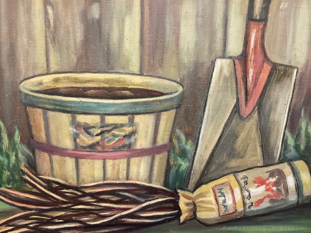 Ann Kocsis (New York 1910-1972) Still Life Oil "Planting": Ann Kocsis (New York 1910-1972) Titled: Planting Oil on canvas Signed lower right. Dimensions: 20" X 24" and 22 1/2" X 23" framed Ann Kocsis of New York city was an American Still life painter. A coll