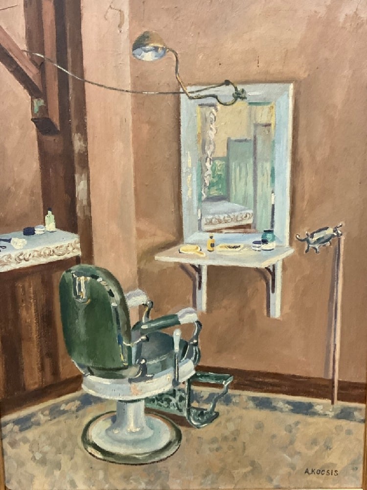 Ann Kocsis (New York 1910-1972) Still Life Oil "Barber Shop": Ann Kocsis (New York 1910-1972) Titled: Barber Shop. Oil on Board Signed lower right. Dimensions: 18” x 24” and 29” x 23” framed. Ann Kocsis of New York city was an American St