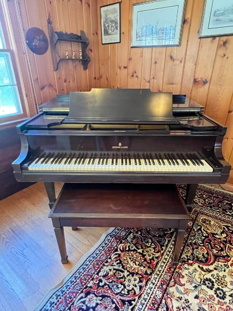 Steinway Model M Baby Grand Piano: Steinway Model M Baby Grand Piano. Some keys appearing a loose or sticking. Top of piano has old water staining presumably from plant.