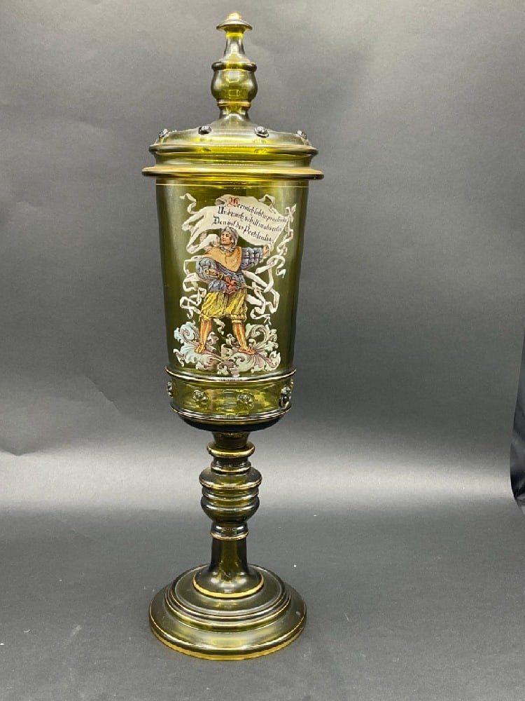 German Enameled Olive Green Glass Lidded Pokal: German Enameled Olive Green Glass Lidded Pokal Dimensions 17 1/2” x 5” d