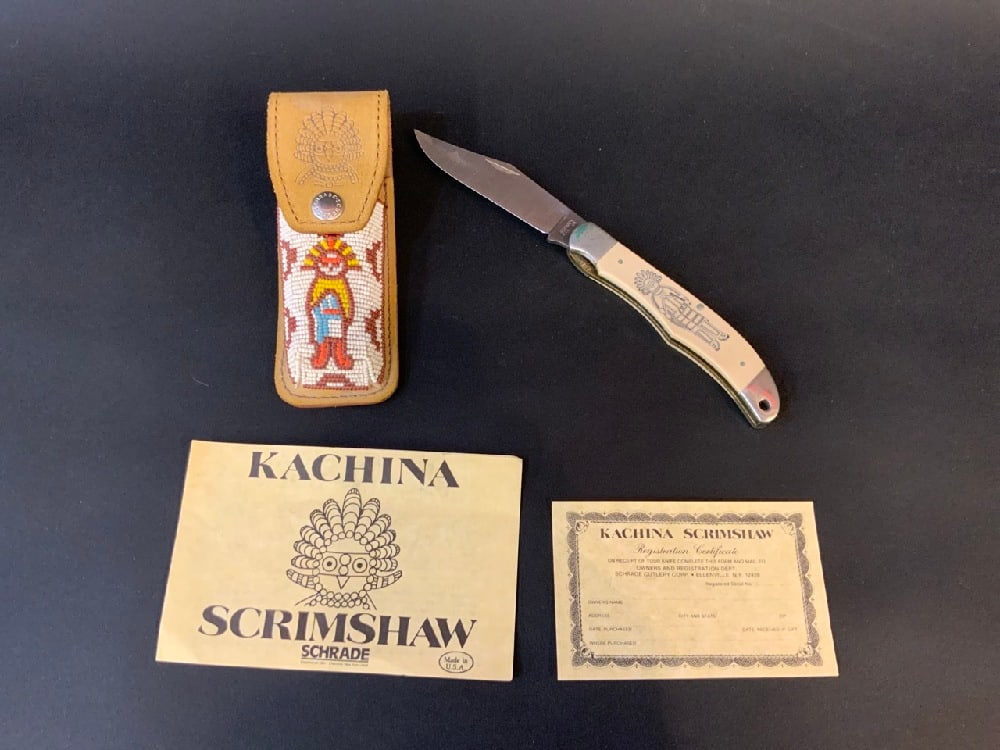 SCRADE Scrimshaw Knife with Indian Beaded Case: Kachina Scrimshaw Schrade Knife with Beaded Leather Pouch Dimensions:5 1/4” H (closed)9 1/2” H (open) Good Condition, Please See Preview Photographs