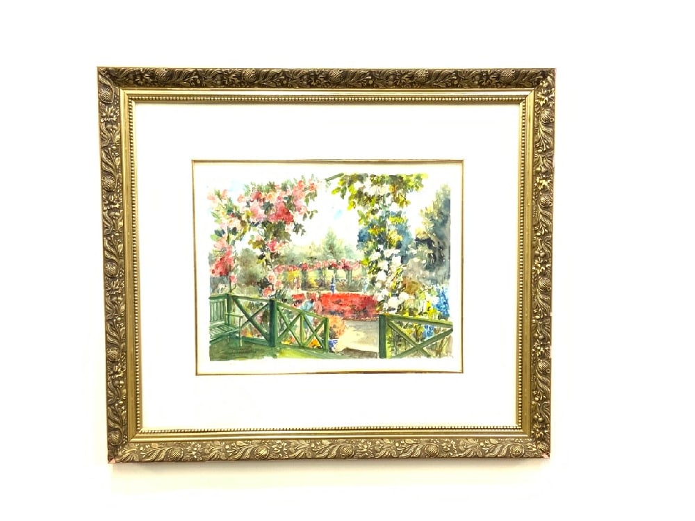 Pencil Signed “Giverny -La Terrasle de Claude Monet” W/C by Daniele Cambier: Pencil Signed “Giverny -La Terrasle de Claude Monet” W/C by Daniele Cambier Dimensions: With Frame, 28”H x 32” W Without Frame: 15”H x 19} W Good Condition ( Frame has mi