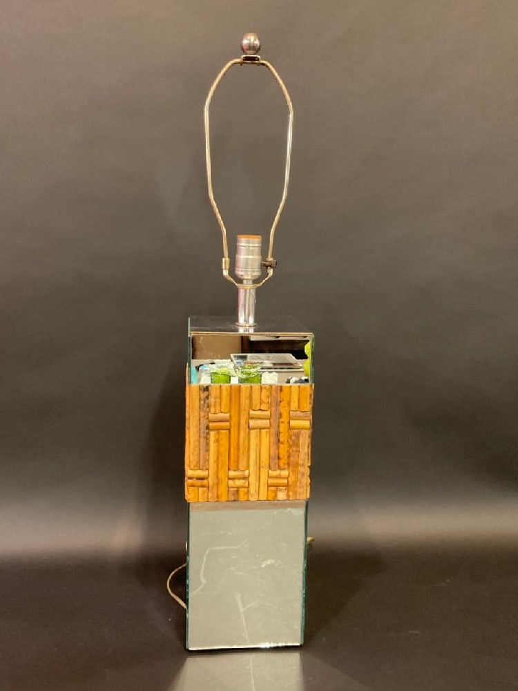 1970's Faux Bamboo Mirrored Table Lamp: Mid Century Bamboo Mirror Lamp Dimensions: 31” x 6 1/4” x 6 1/4” Weight: 9.65 lbs