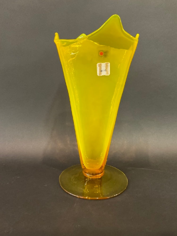 Vintage Yellow Blenko Handblown Vase: Vintage Yellow Blenko Handblown Vase. Original foil label. Dimensions: 10.5” x 5.25” x 4.5” Weight: 2.15 lbs