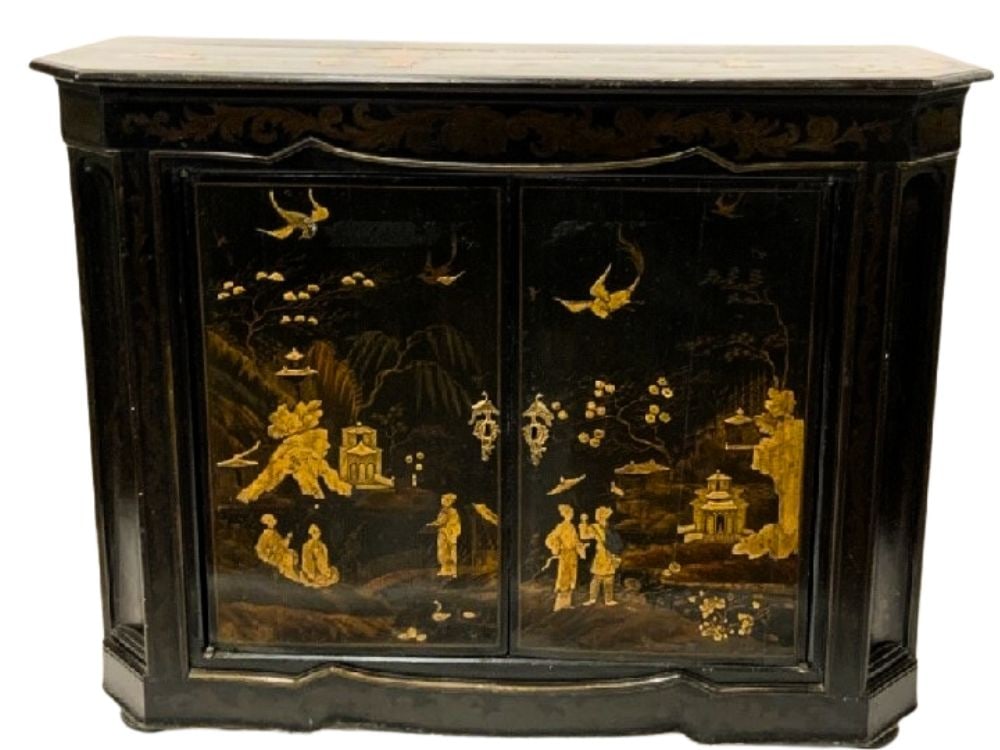 19th c. Chinese Lacquered Cabinet: Chinese Lacquered Cabinet with Mother of Pearl Inlay. Dimensions: 43”h X 55” 21”