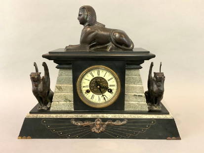 Egyptian Revival Style Marble Mantel Clock: Egyptian Revival style marble mantel clock. Dimensions: 16” x 19 1/2” x 6 1/2”