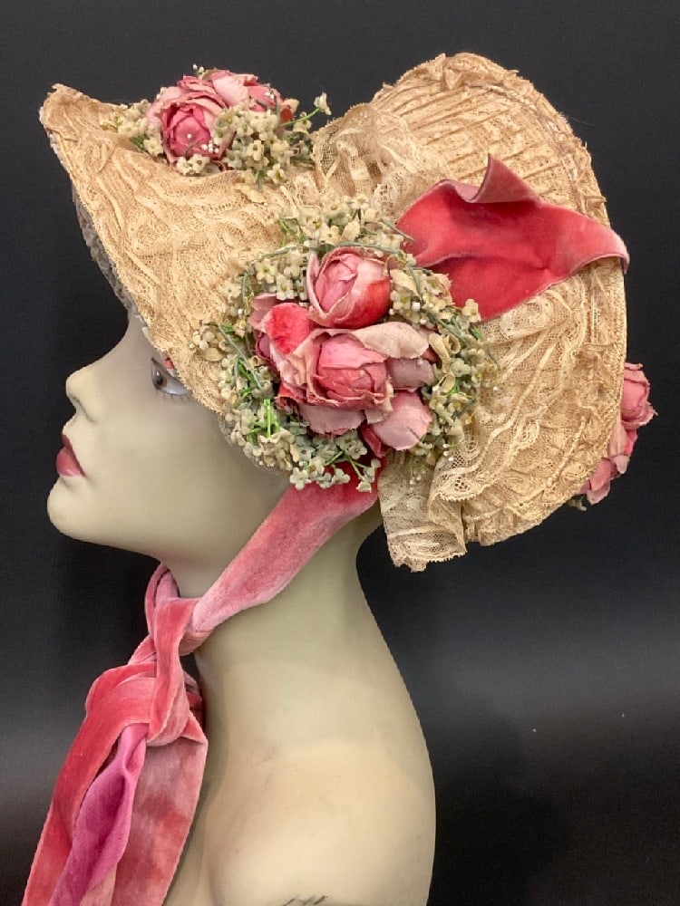 Victorian Straw Floral Bonnet: Victorian Straw Floral Bonnet.Dimensions: 11” x 7” with an inner diameter of 5.5”.