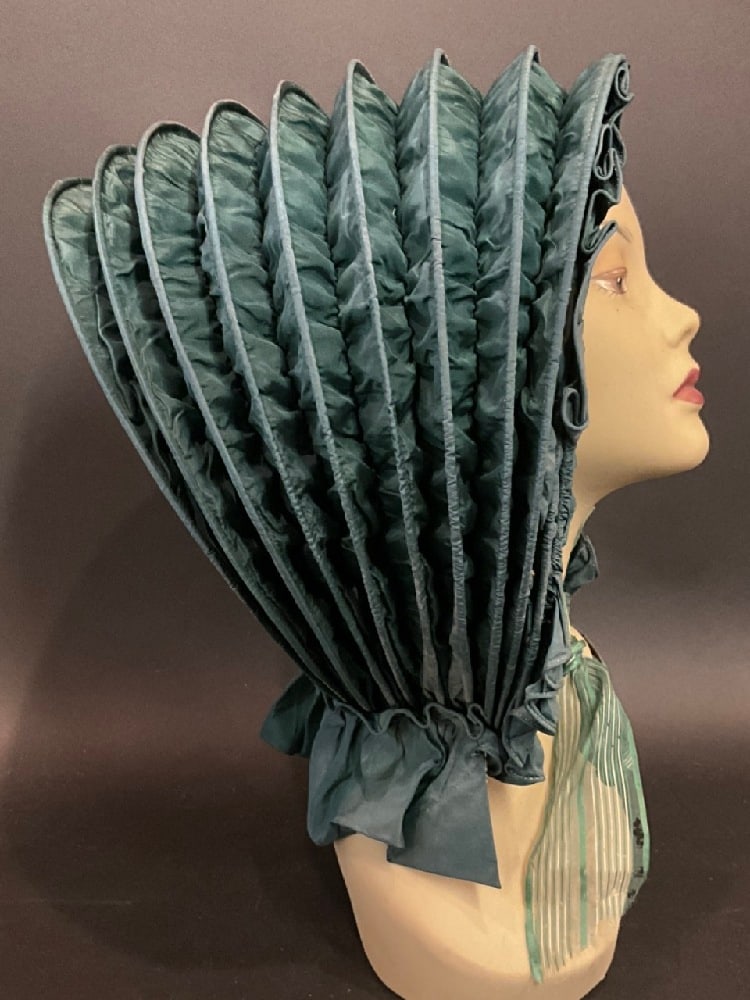 Early Victorian Dark Blue/Green Silk Calash Bonnet (1 of 4)