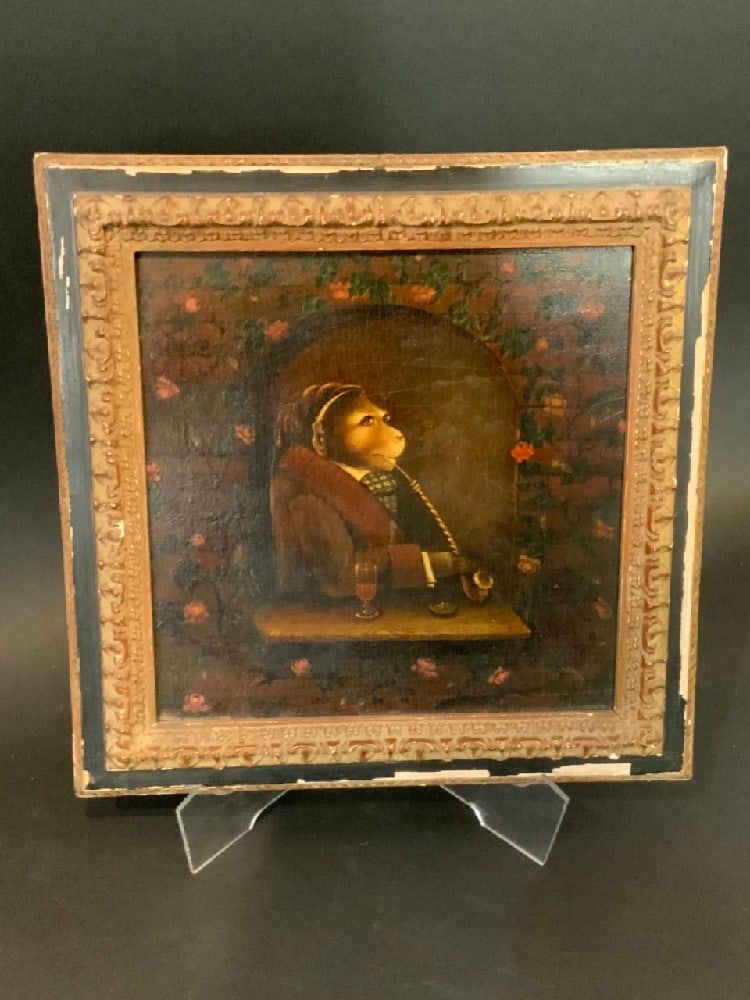 Human Monkey Smoking Pipe Tavern Scene 19th c.: 19th c. Humanized Monkey smoking pipe and having a drink in tavern scene. Signed Illegibly.19th c. Oil on BoardDimensions: 10.5” x 10.5”.