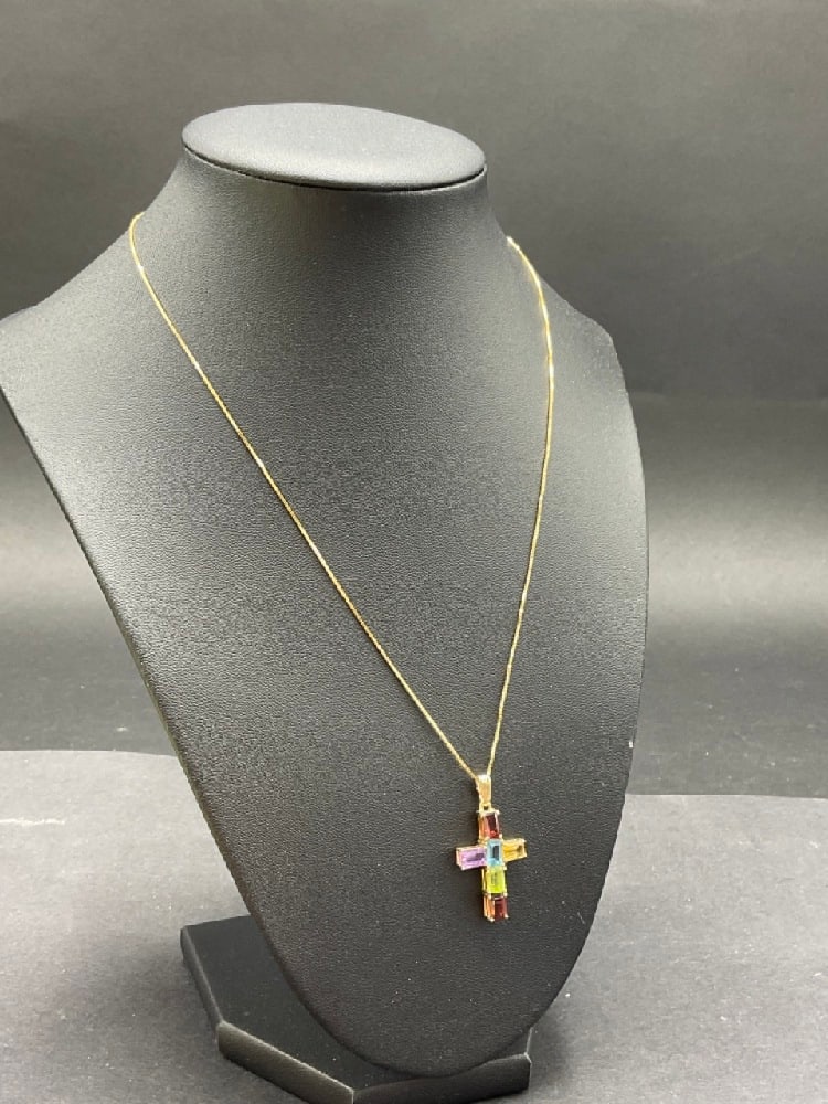 14K Yellow Gold Necklace with Multicolor Gemstone Cross (1 of 3)