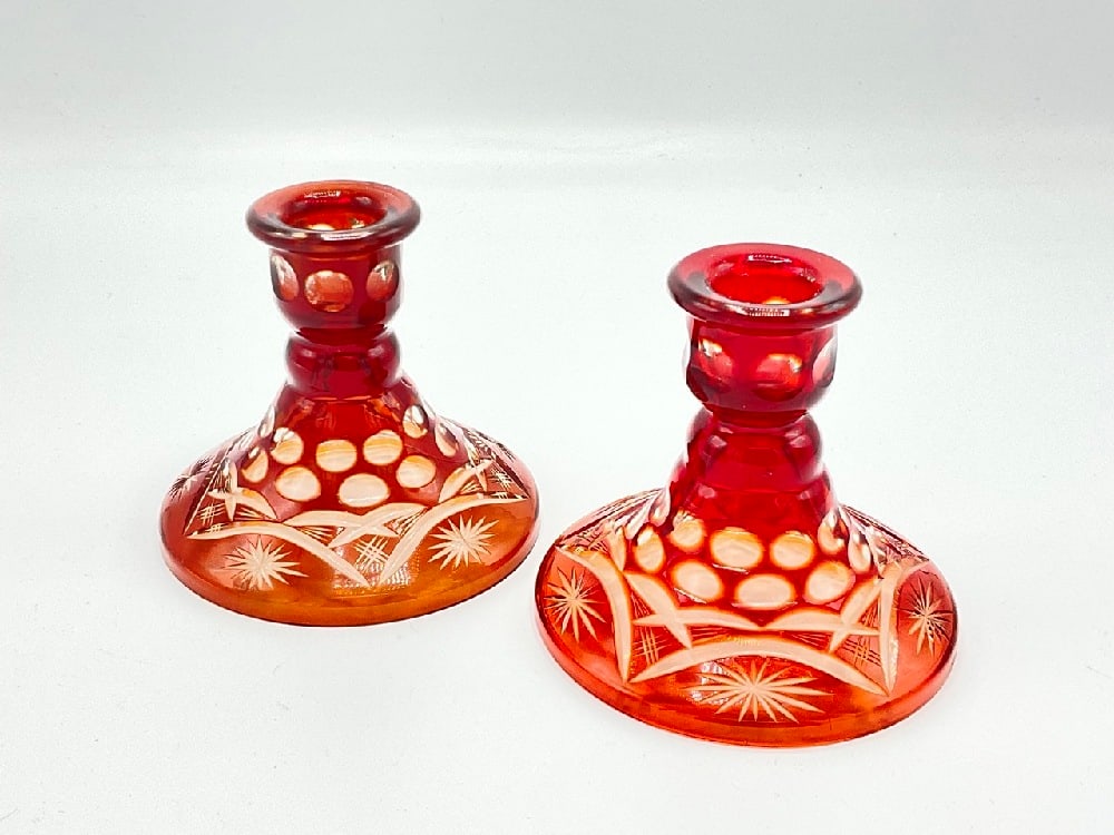A Pair, Cranberry Cut to Clear Candlesticks (1 of 4)
