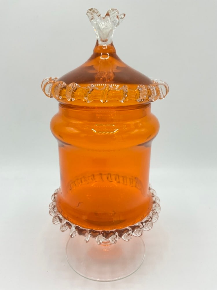 Vintage Orange Glass Lidded Jar with Applied Ribbon Trim (1 of 4)