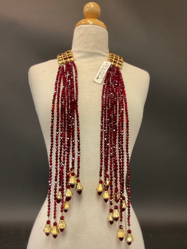 Crisca by Escada: Crisca by Escada multi strand red plastic beads with gold bells necklace. New with tags circa 1980's.