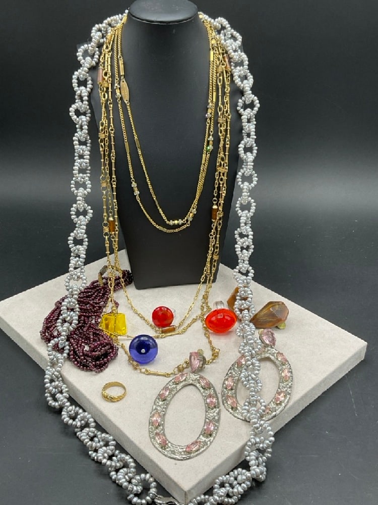 Vintage Estate Costume Jewelry Group: Estate Compiled Vintage Costume Jewelry Group. Including Gerda Lynggaard Monies horn earrins, Lanvin ring, Two (2) Guy Laroche necklaces, glass and lucite rings etc.