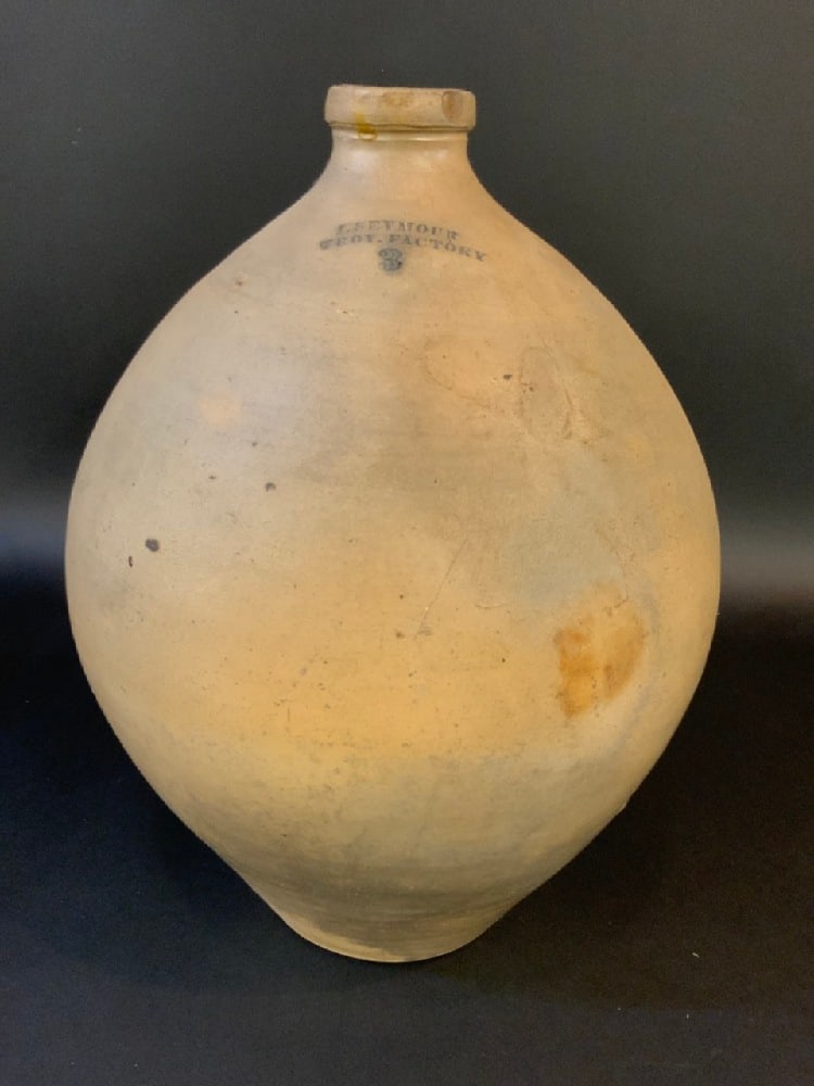 I.Seymour Troy. NY Factory 3 Gallon Ovoid Stoneware Crock: I.Seymour Troy, New York Factory 3 Gallon Ovoid Stoneware CrockDimensions: 16” H x 12” WGood Condition, Please See Preview Photographs, Spider cracks noted.