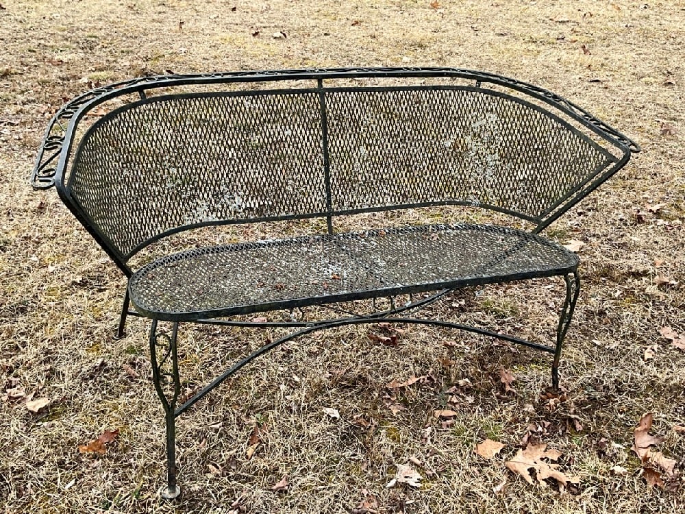 Vintage Outdoor Wrought Iron Mesh Settee: Vintage Outdoor Wrought Iron Mesh Settee.