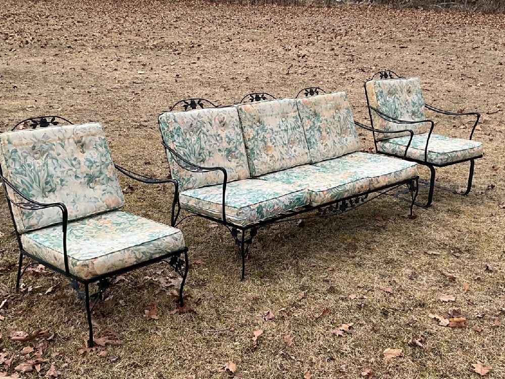Vintage Outdoor Sofa and Chair Set: Vintage Outdoor Sofa and Chair Set. Cushions need new coverings. Frames are in fine condition. Set was always indoors in Florida Style Room.Dimensions: 71"L x 23"W x 33"H Sofa, 28"W x 23D x 36"H Chair