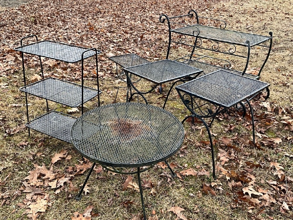 Six Piece Vintage Outdoor Wrought Iron Furniture: Six Piece Vintage Outdoor Wrought Iron Furniture. Tea cart, tables and stands. Mesh style and all in very good condition.