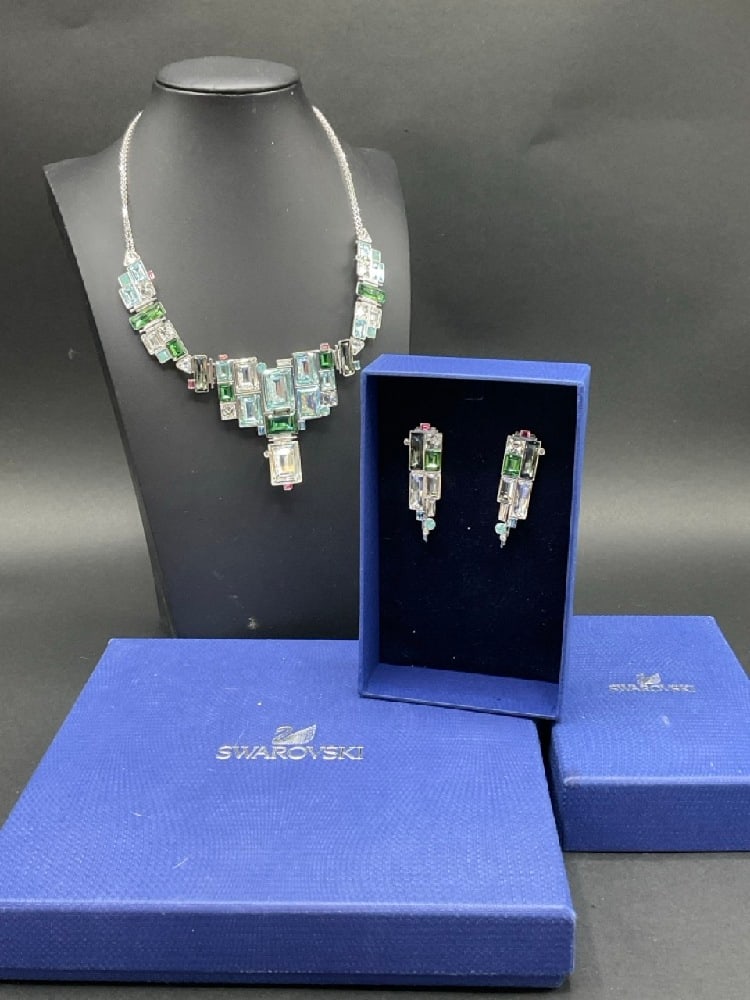 Swarovski Jeweled Necklace and Earrings: Swarovski Jeweled Necklace and Earrings 15” Signed. Aqua , Emerald, Rose and Clear Crystals with matching Earrings 2” drop