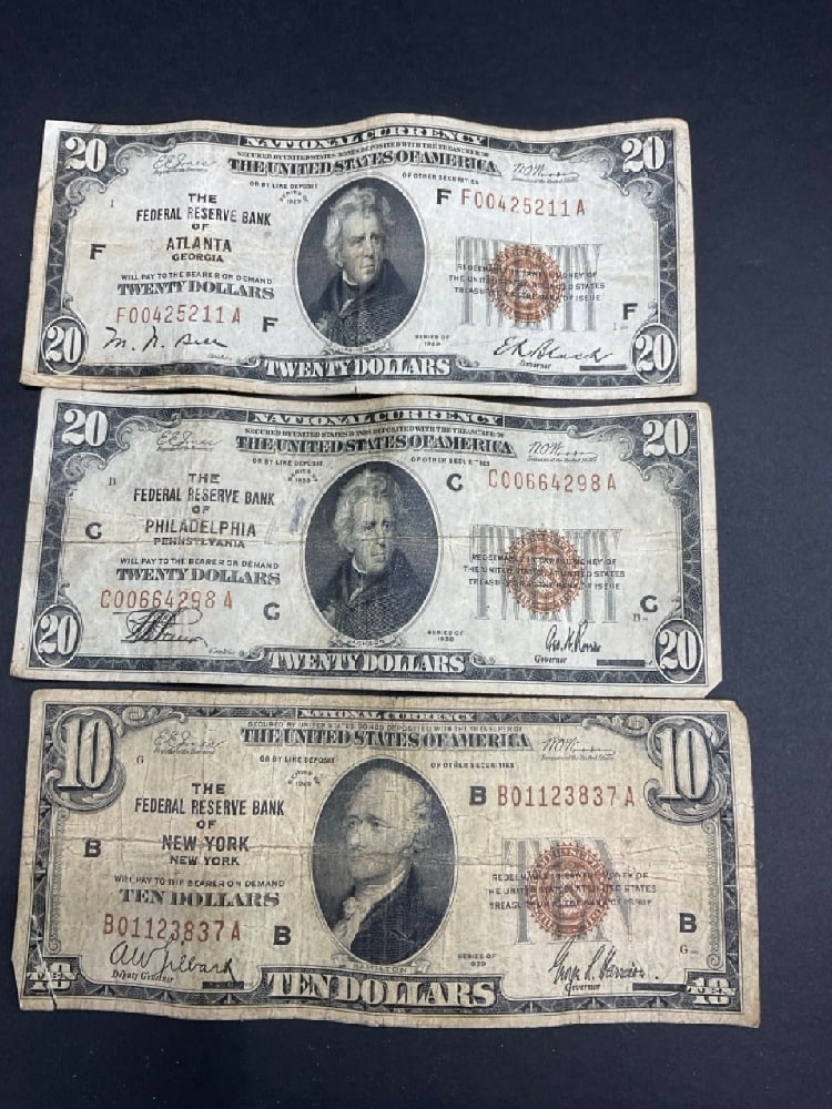 Three (3) 1929 U.S. Bank Note Series $50: Three (3) 1929 U.S. Bank Note Series $50. Two $20's and $10.