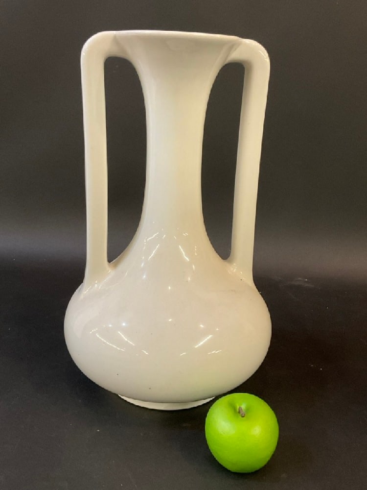 Trenton Art Pottery Art Deco Style Dbl Handled Vase: Trenton Art Pottery Art Deco Style Double Handled White Ironstone Vase. Trenton, New Jersey. Dimensions: 16" X 10"