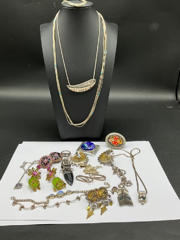 Quality Estate Compiled Estate Jewelry Group: Quality Estate Sterling Silver Jewelry and Italian Glass Jewelry Group. Louis Booth, Mexican, Navajo, Moonstones, Norwegian wedding pin, Zealandia, Gemstone Chandelier Earrings and more!