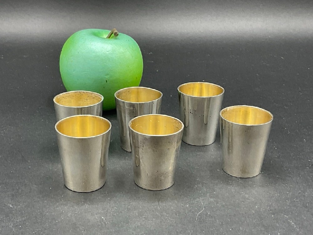 Six (6) 800 European Silver Wine Tasting Cups: Six (6) 800 European Silver Wine Tasting Cups. Dimensions: 1 1/2" X 3/4" Total weight: 110 grams.
