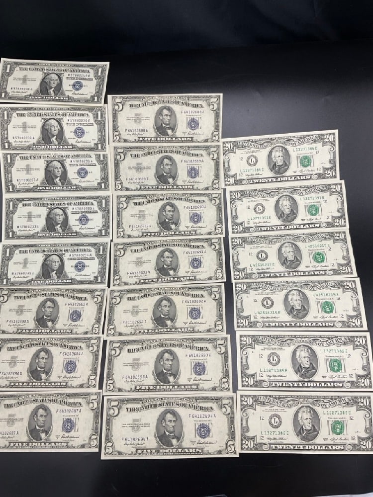$175 Face Uncirculated U.S. Paper Money and Silver Certificates: Compiled Estate $20 Uncirculated Bills and $5 and $1 Silver Certificates.U.S. Uncirculated$175 Face value.6 Qty-$20 1993 5 Qty $1 195710 Qty $5 1953A
