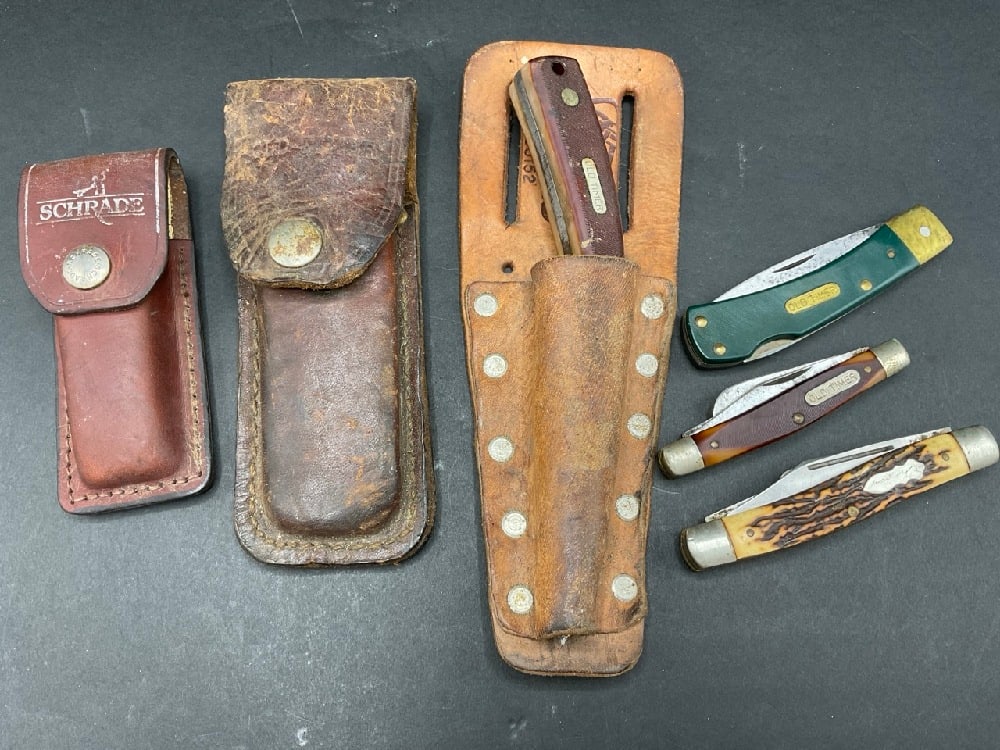 6 Vintage Schrade Knives: 6 Vintage Schrade Knives5 Schrade Old Timers - 50T, 340T, 1250T, 50T green, 1340T. 1 Schrade Uncle Henry Stag Horn Handle