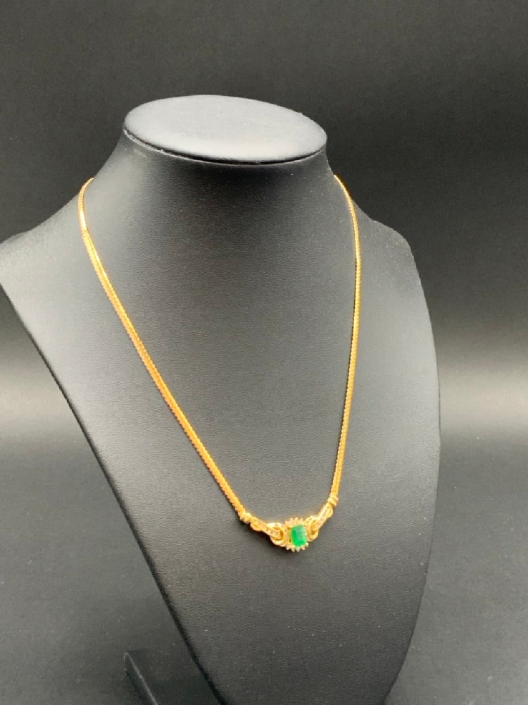 14K Yellow Gold Emerald and Diamond Necklace: 14K Yellow Gold Emerald and Diamond Necklace. Dimensions: 18” Total weight: 6.4 grams