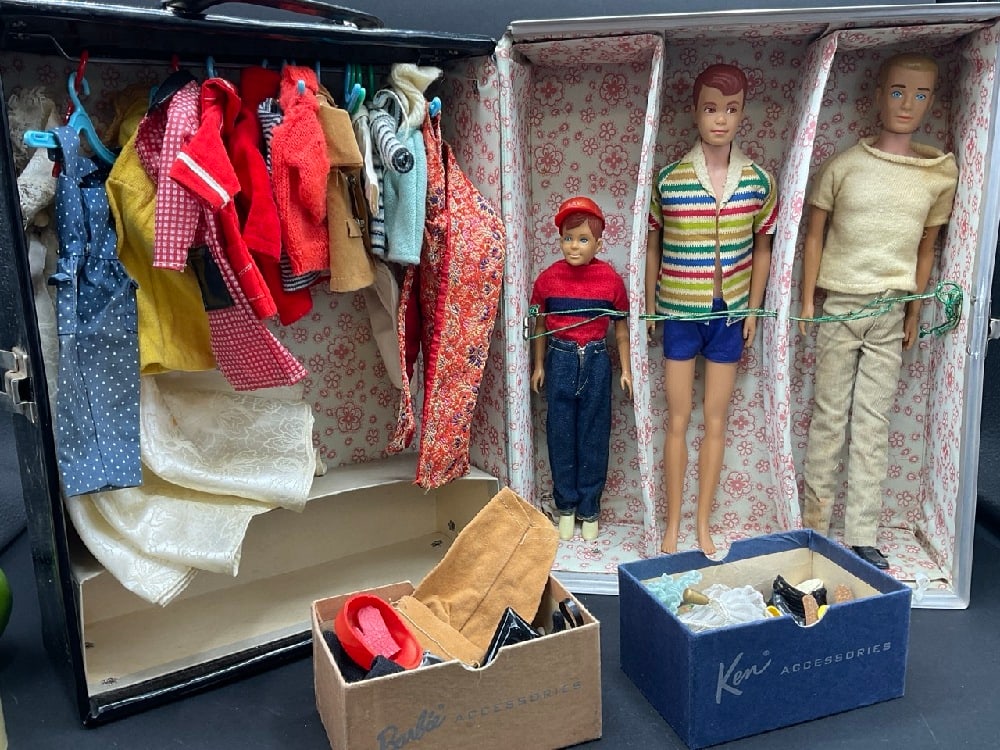60's Barbie KEN, ALLEN and RICKY Dolls with Case and Clothes: 60's Barbie KEN, ALLEN and RICKY Dolls with Case and Clothes. As seen in photograph preview.