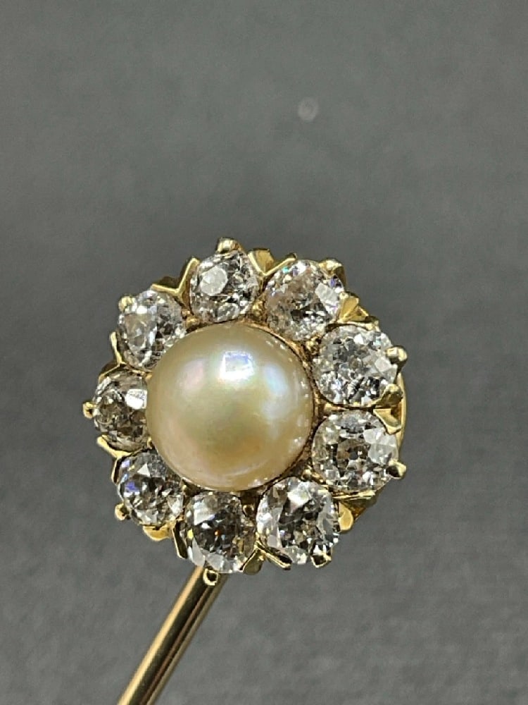 14K Pearl and Mine Cut Diamond Stick Pin (1 of 4)