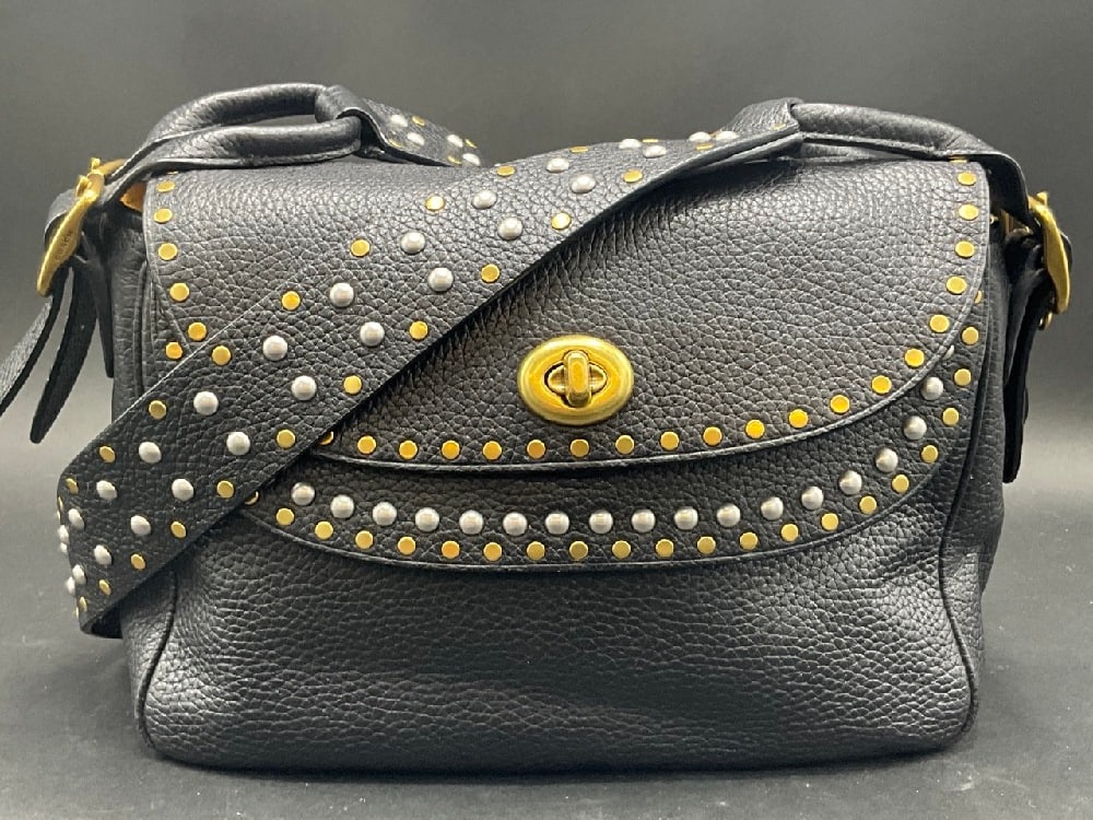 Coach Crossbody Black Leather “Tabitha Simmons”: Black Leather Brass Studded Coach Crossbody “Tabitha Simmons”.Dimensions: 12" X 8" and 42" Strap length.