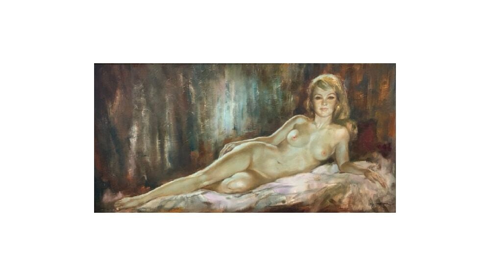 Leo Jansen (Dutch/American, 1930-1980) Blonde Reclining Nude Oil Painting: Leo Jansen (Dutch/American, 1930-1980) Blonde Reclining Nude Oil Painting.Signed lower right and brass plaque affixed to center of frame. Oil on canvasDimensions: 15” x 30” and 25” x