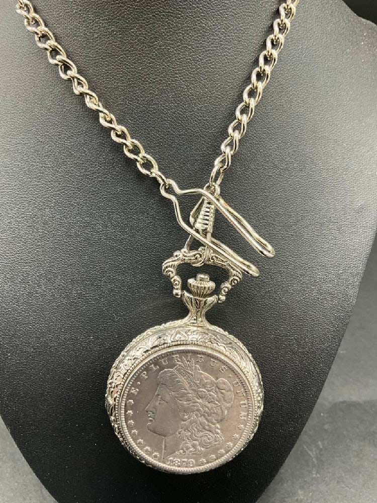 1879 Silver Dollar American Historic Society Pocket Watch with Chain (1 of 4)