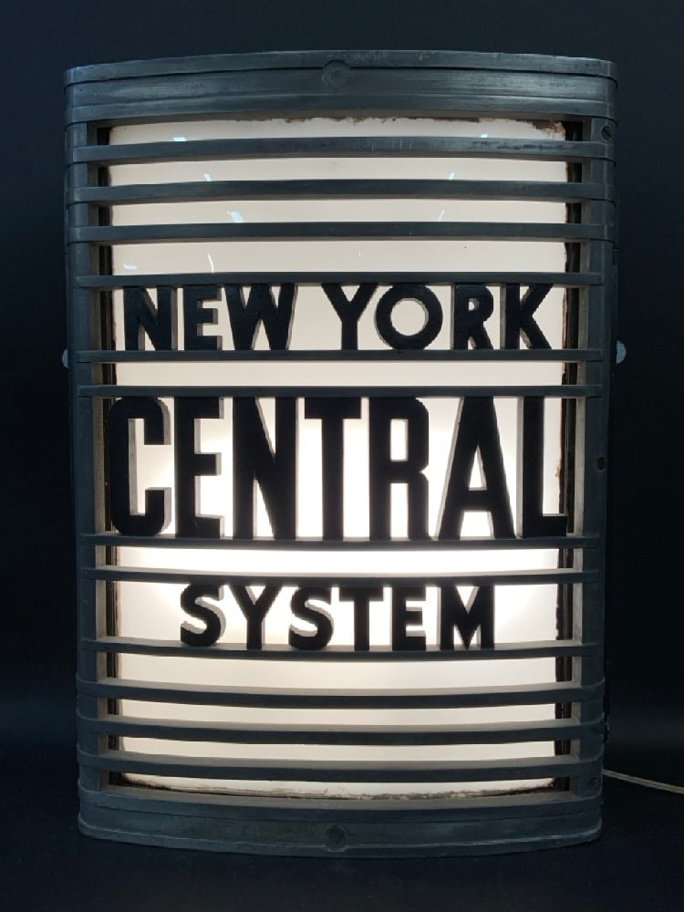 New York Central System Lighted Train Car Sign: New York Central System Lighted Train Car Sign. Removed from # 59 Ohio State Limited. Designed by Henry Dreyfuss. Dimensions: 23” W x 28” H x 6” D Good Condition, Please See Preview