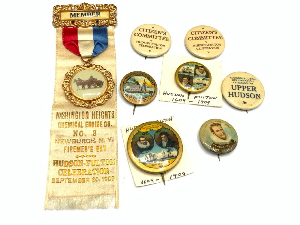 Eight (8) Hudson Fulton 1909 Pins and Medals: Eight (8) Hudson Fulton 1909 Pins and Medals. Provenance: Collection of Estate of Glen Morris