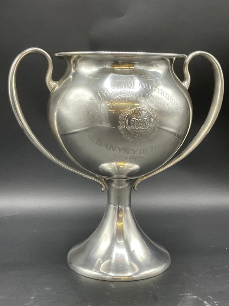 Hudson Fulton Celebration 1909 Sterling Silver Trophy: USA Military Tournament Tenth Calvary Band Albany NY October 4-9 1909 City of Albany Hudson Fulton Celebration Reed & Barton Sterling Silver 845 grams 27.17 Troy ounces 10” x 7” 10” 