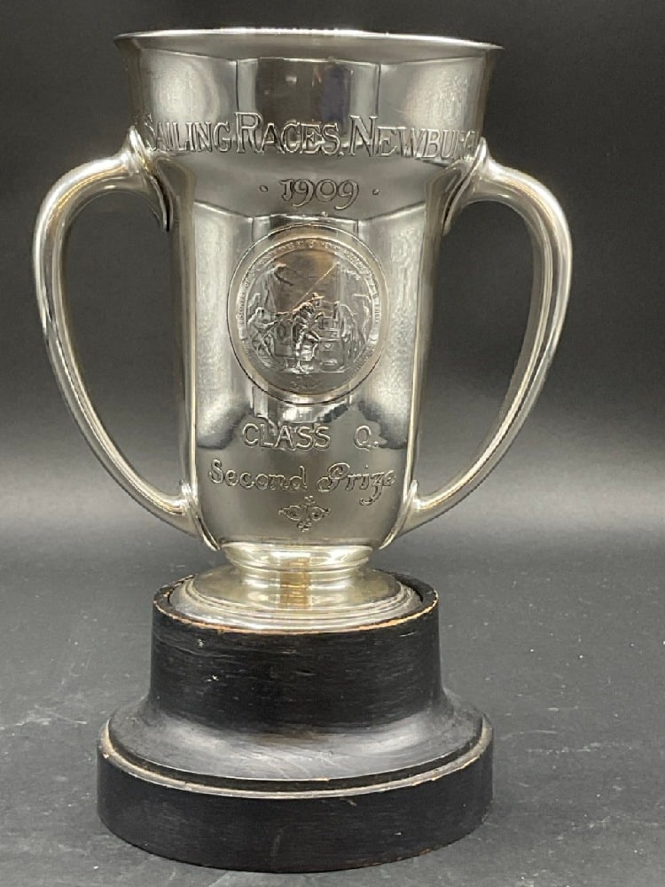 Tiffany & Co Newburgh NY Sailing Races Trophy 1909: Tiffany & Co Newburgh NY Sailing Races Trophy 1909 Class Q Second Prize Sterling Silver Double handled 1 pint 6” x 4” 5 1/2” handle Tw: 12.79 Troy ounces 398 grams