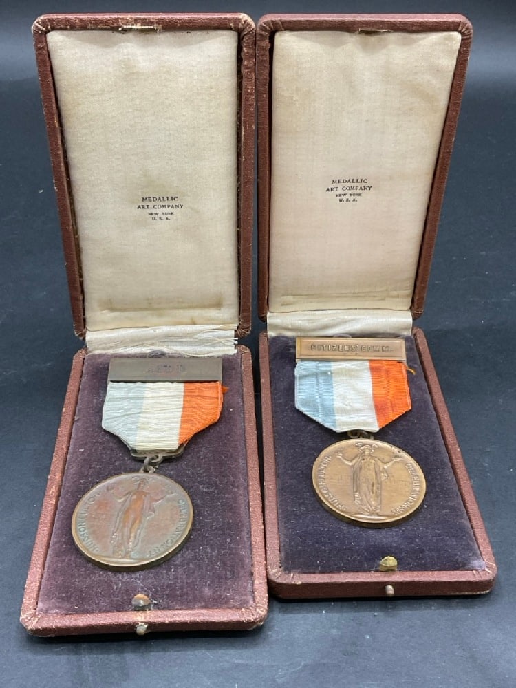Two (2) Bronze 1909 Hudson Fulton Celebration Citizen/Aide Medals: Two (2) Bronze 1909 Hudson Fulton Celebration Citizen and Aide Medals housed in original presentation boxes. Dimensions: 1 1/2” d