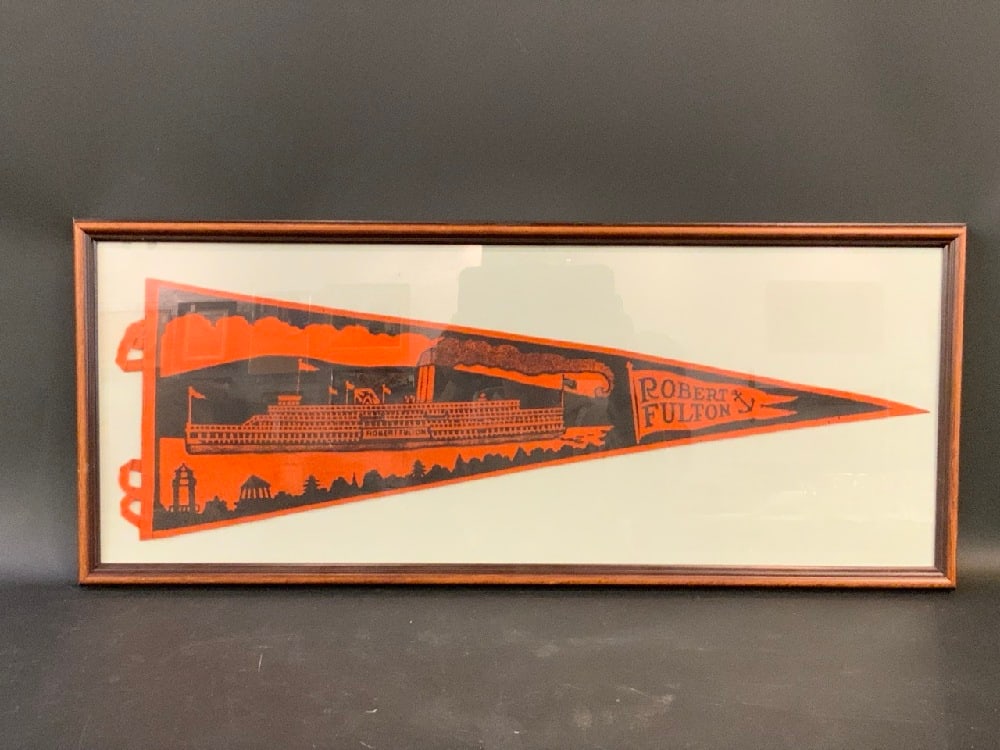 Vintage Robert Fulton Steamboat Pennant: Vintage Robert Fulton Steamboat Pennant Dimensions: with frame 29”x 12” Dimensions of pennant 26.5” x 9”