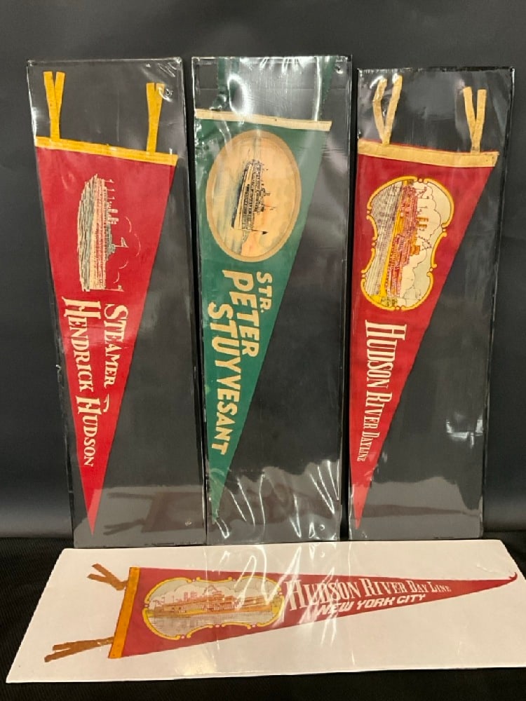 Four (4) Vintage Hudson River Dayline Pennants: Steamer Henrick Hudson, STR. Peter Stuyvesant, Hudson River Day Line, and Hudson River Day Line New York City Pennants Dimensions: 29” L -31” L Good Condition, Please See Preview Photograp