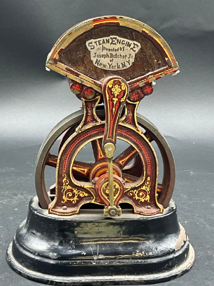 Patent Model Steam Engine Joseph Butcher Jr. New York: Patent Model Steam Engine Joseph Butcher Jr. New York. No paperwork. Affixed plaque centered at top of patent model. Dimensions: 7 1/2” x 5 1/2” x 3 1/2”
