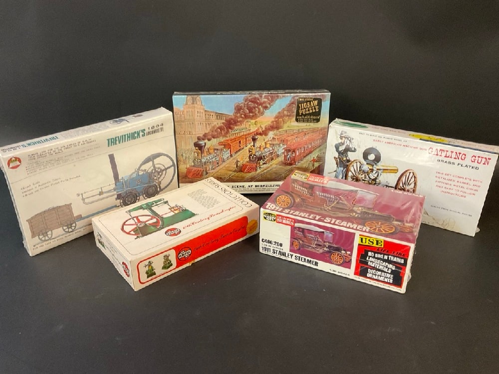 Lot Of Model Kits & Puzzle: Kits: Trevithick’s 1804 Locomotive - K-12-298 Airfix 19th Century Beam Engine - C 501 S Hobby Kits 1911 Stanley Steamer - C466:200 Gatling Gun - No. 29 - 1.00