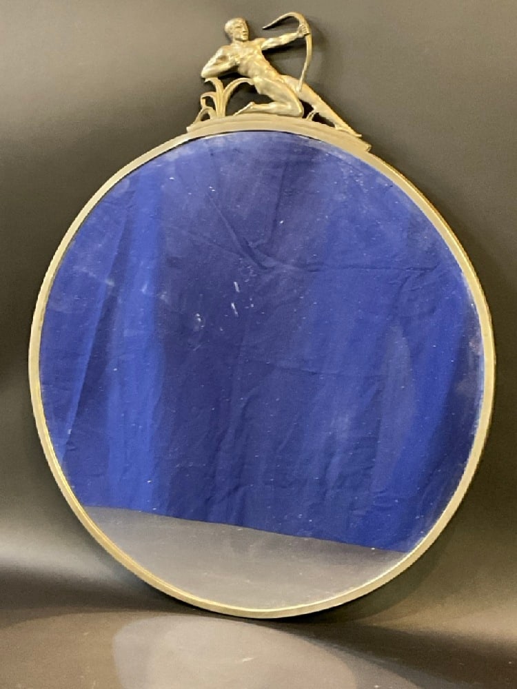Art Deco Period Round Wall Mirror W/ Archer: Period Art Deco Round Wall Mirror with male Archer. Loose in frame. Dimensions: 22 1/2” x 18 1/2”