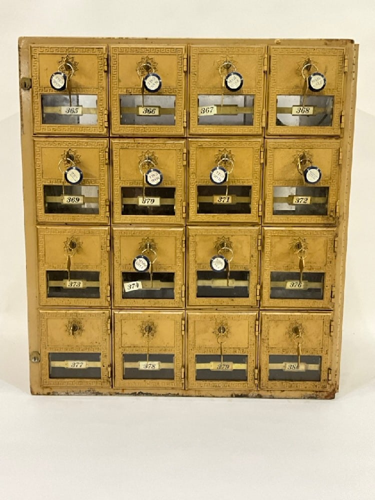 Antique U.S Post Office Boxes W/ Keys #365 - 380: Cabinet Section of Antique U.S Post Office Boxes W/ Keys #365 - 380. Dimensions: 26 1/2” x 10 1/2” x 15