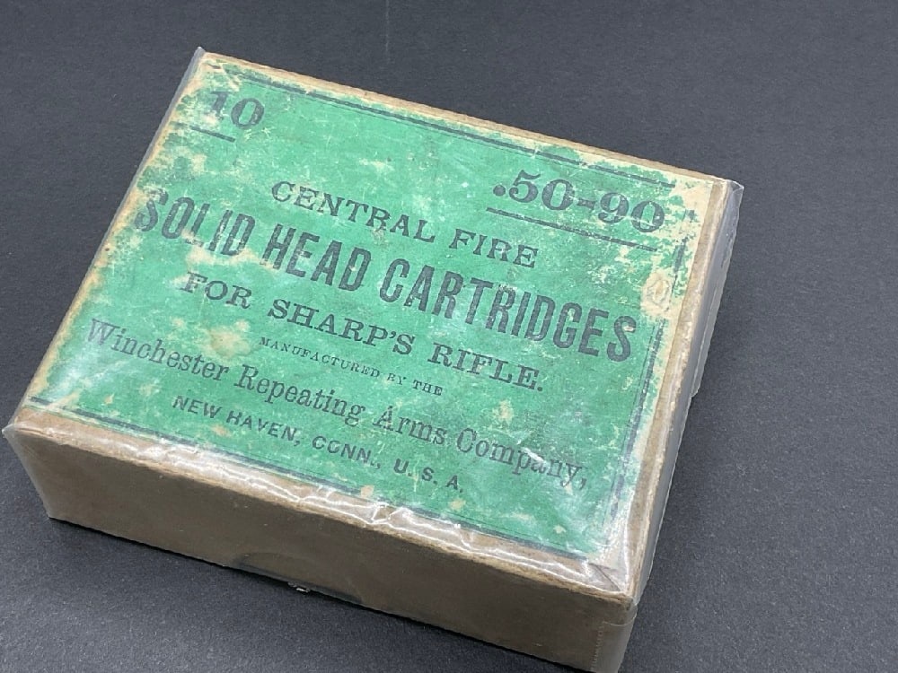 .50-90 Winchester Repeating Arms Sharp Rifle Cartridges: Rare 19th c. Box. with three cartridges.50-90 Winchester Repeating Arms Sharp Rifle Cartridges New Haven CT. Box includes three cartridges. .