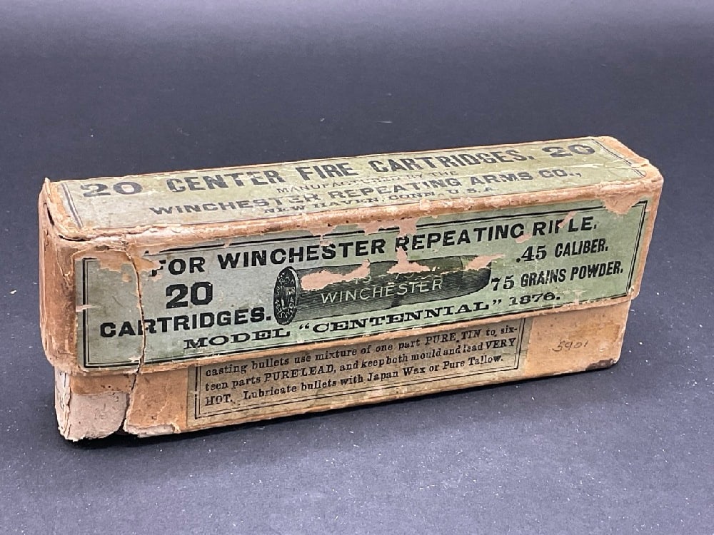19th Century 1876 Centennial Winchester .45-70 Ammo: 11 pieces Partial Box Winchester Repeating Arms 1876 Centennial .45-70.