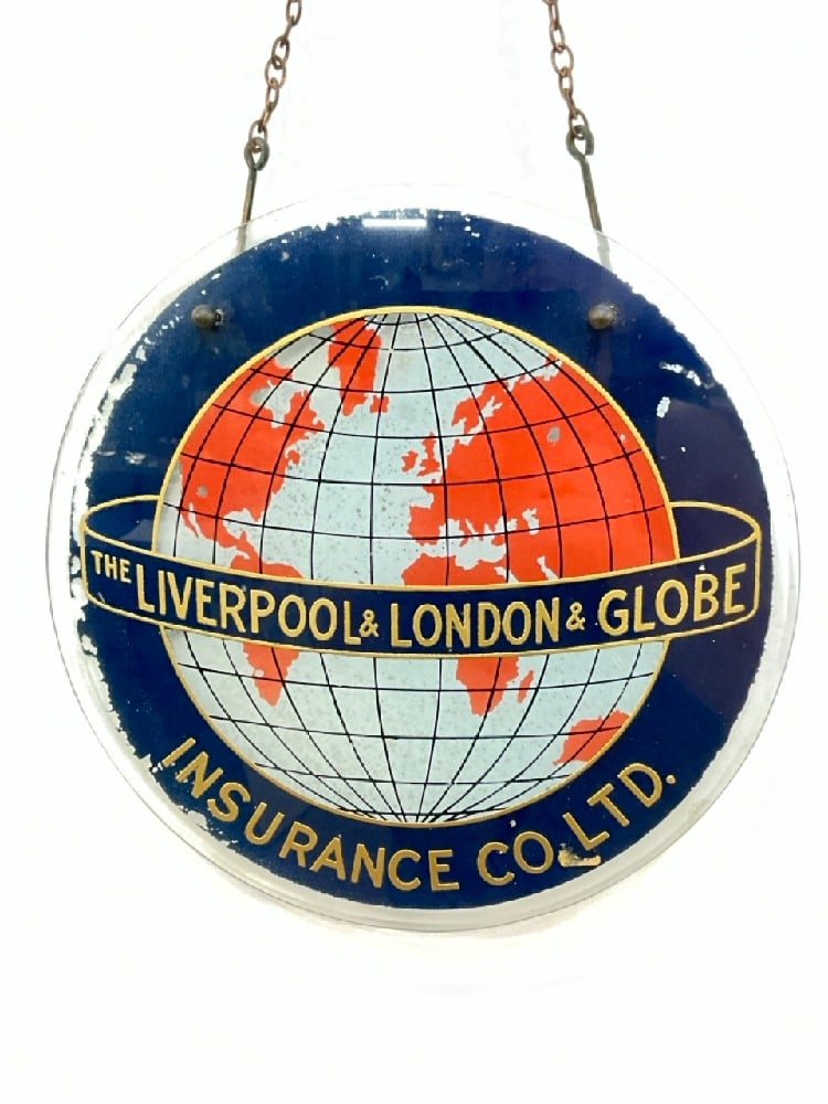 The Liverpool and London and Globe Insurance Co. LTD. Circular Glass Printed Advertising Sign: The Liverpool and London and Globe Insurance Co. LTD. Circular Glass Printed Advertising Sign. Dimensions: Diameter 11 3/4” Drop: 21 1/2”