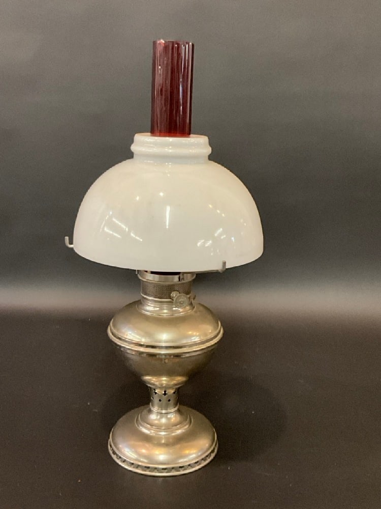 New Vestal Oil Lamp with Ruby and Milk Glass Shade: New Vestal Oil Lamp with Ruby and Milk Glass Shade. Dimensions: 22” x 10 1/2”